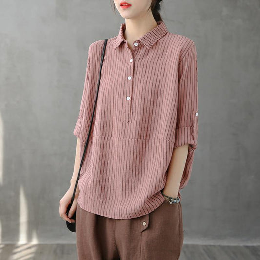 Modern lapel Button Down tops women Fabrics pink striped shirt - SooLinen