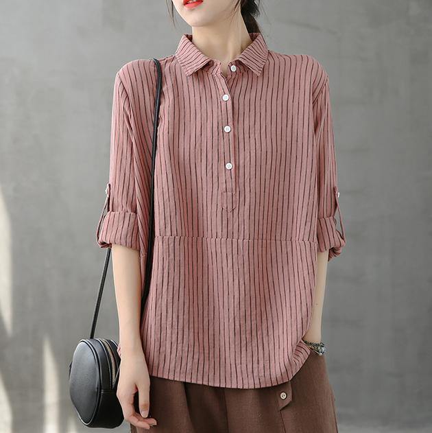 Modern lapel Button Down tops women Fabrics pink striped shirt - SooLinen