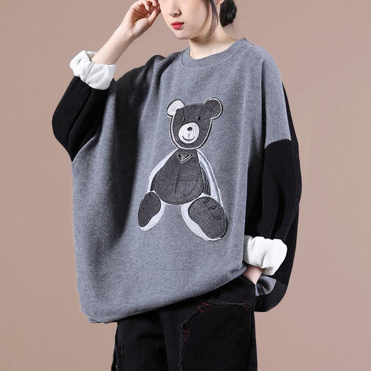 Modern o neck Bear design spring tops women gray tops - SooLinen