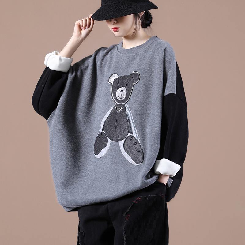 Modern o neck Bear design spring tops women gray tops - SooLinen