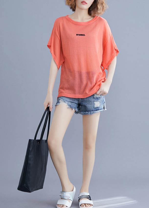 Modern orange cotton clothes For Women alphabet embroidery baggy summer blouse - SooLinen