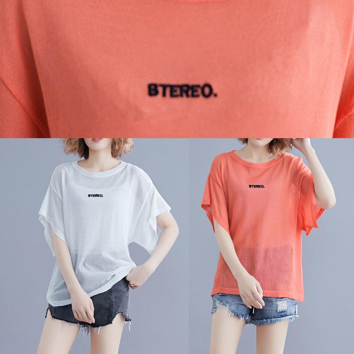 Modern orange cotton clothes For Women alphabet embroidery baggy summer blouse - SooLinen