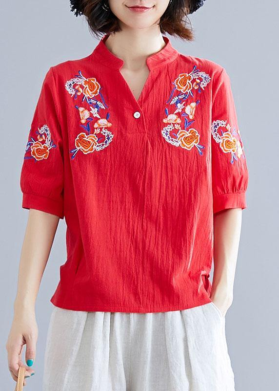 Modern v neck linen cotton crane tops red embroidery silhouette shirts summer - SooLinen