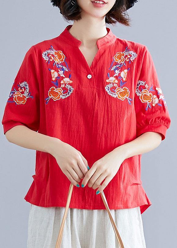 Modern v neck linen cotton crane tops red embroidery silhouette shirts summer - SooLinen