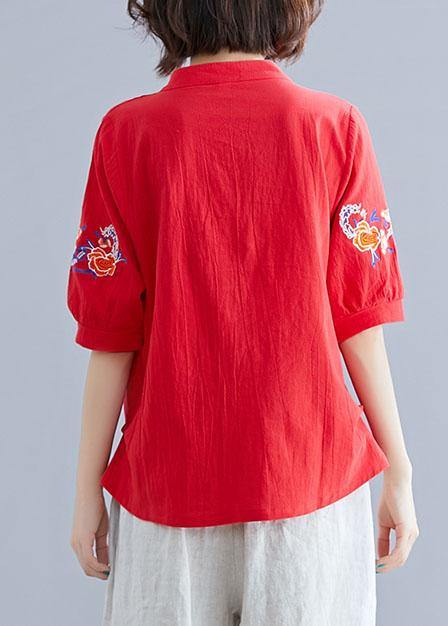 Modern v neck linen cotton crane tops red embroidery silhouette shirts summer - SooLinen