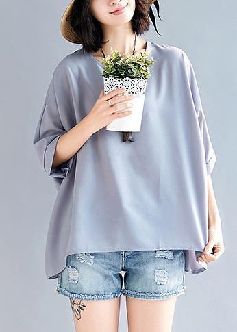 Mu o neck Batwing Sleeve chiffon For Women Outfits gray tops Summer - SooLinen