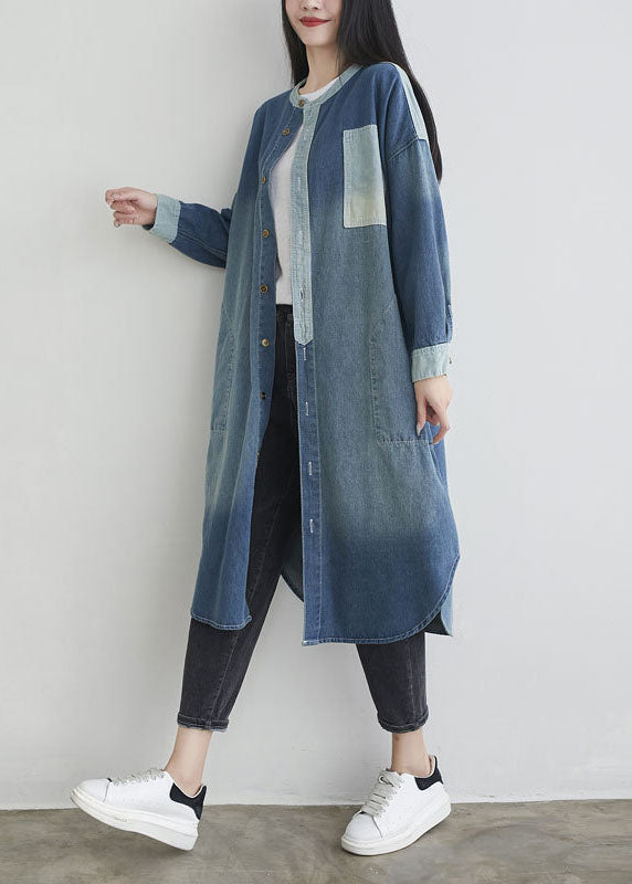 Poches de cou bleu naturel O Patchwork Denim Outwear Spring