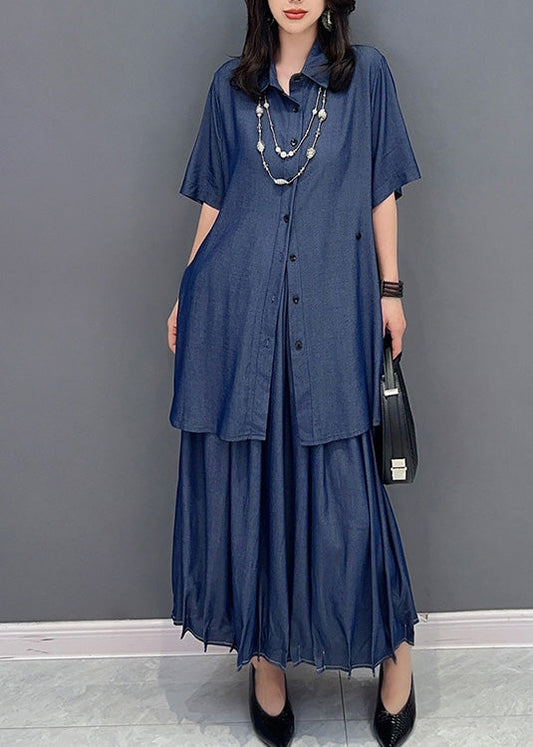 Bouton Blue Natural Peter Pan Bouton Shirts solides et jupes Maxi Two Piece Set Summer