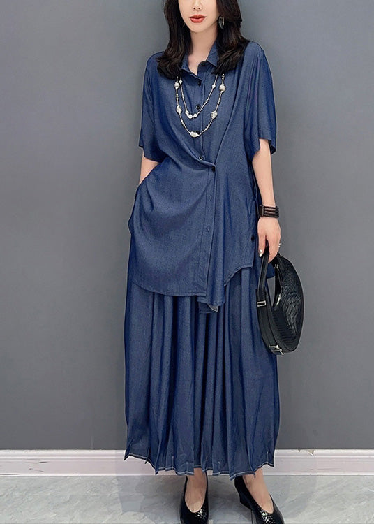 Bouton Blue Natural Peter Pan Bouton Shirts solides et jupes Maxi Two Piece Set Summer