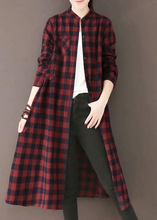 Natural Burgundy Plaid Quilting Dresses Stand Collar Pockets Long Spring Dresses - SooLinen