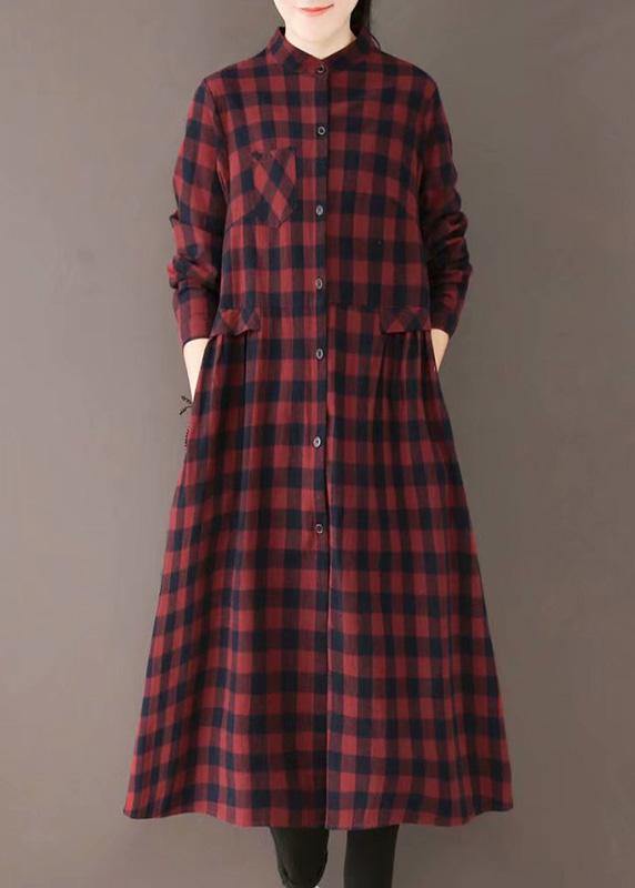 Natural Burgundy Plaid Quilting Dresses Stand Collar Pockets Long Spring Dresses - SooLinen