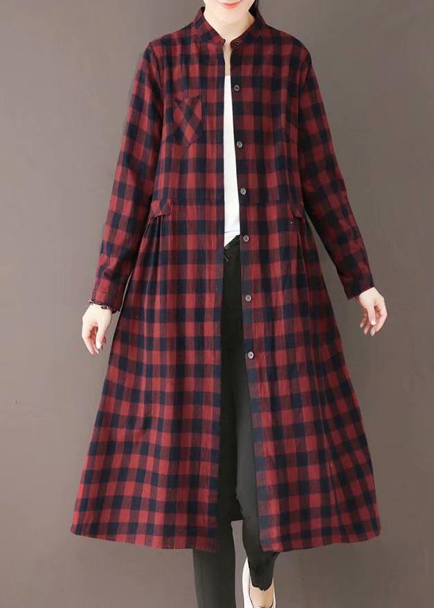 Natural Burgundy Plaid Quilting Dresses Stand Collar Pockets Long Spring Dresses - SooLinen