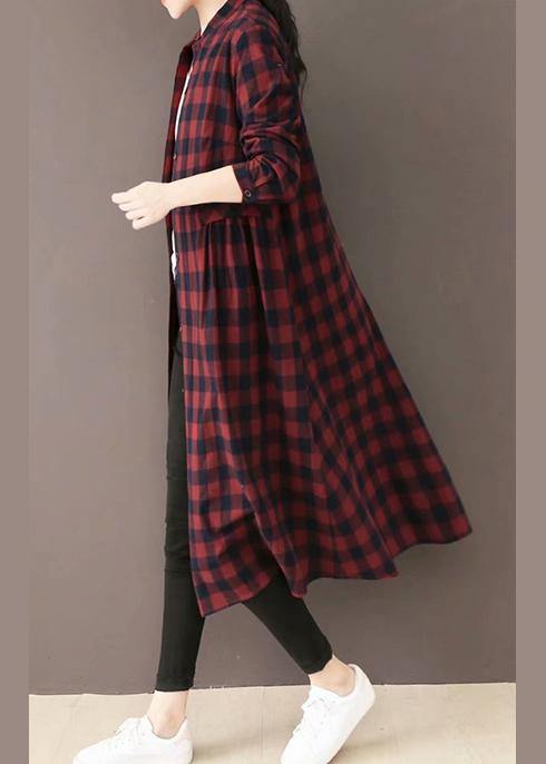 Natural Burgundy Plaid Quilting Dresses Stand Collar Pockets Long Spring Dresses - SooLinen