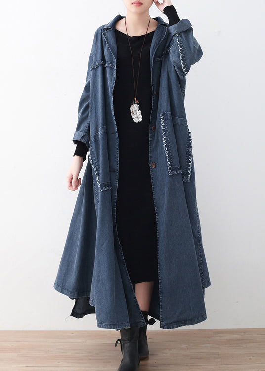 Natural Denim Blue Peter Pan Collar Patchwork Pockets Button Coton Coats à manches longues