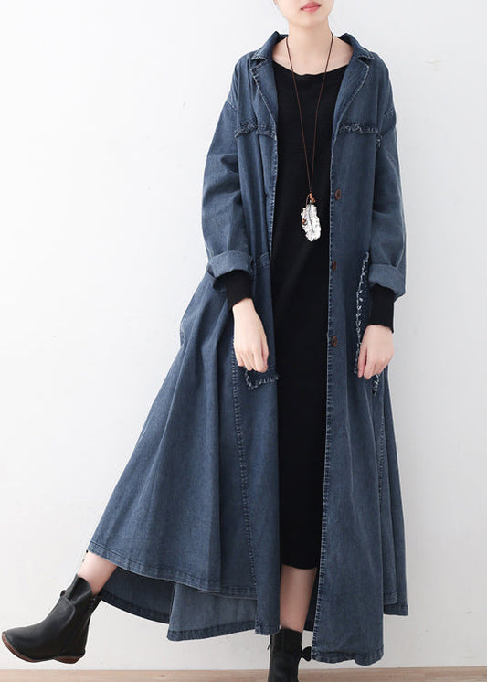 Natural Denim Blue Peter Pan Collar Patchwork Pockets Button Coton Coats à manches longues