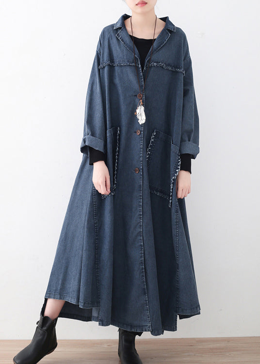 Natural Denim Blue Peter Pan Collar Patchwork Pockets Button Coton Coats à manches longues