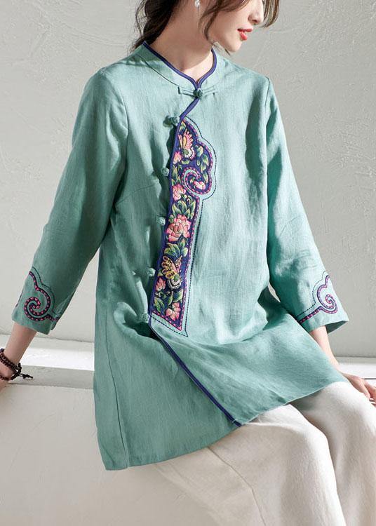 Natural Green Embroideried Button Spring Summer Linen Tops - SooLinen