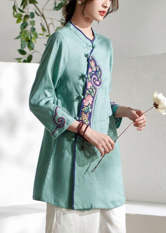 Natural Green Embroideried Button Spring Summer Linen Tops - SooLinen