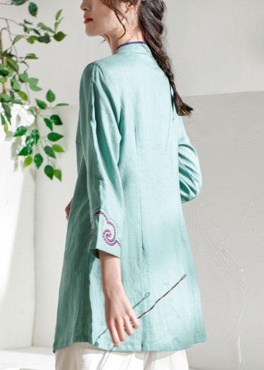 Natural Green Embroideried Button Spring Summer Linen Tops - SooLinen