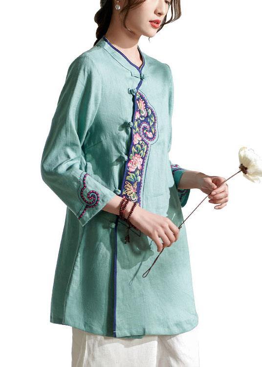 Natural Green Embroideried Button Spring Summer Linen Tops - SooLinen