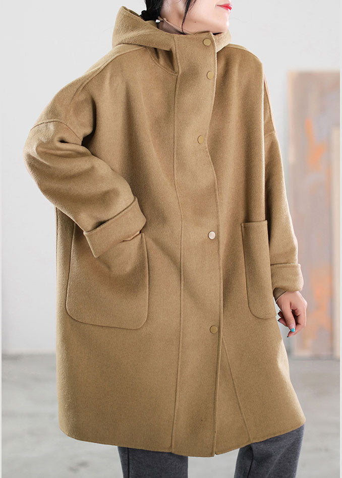 Natural Khaki Hooded Pockets Woolen Coats Winter