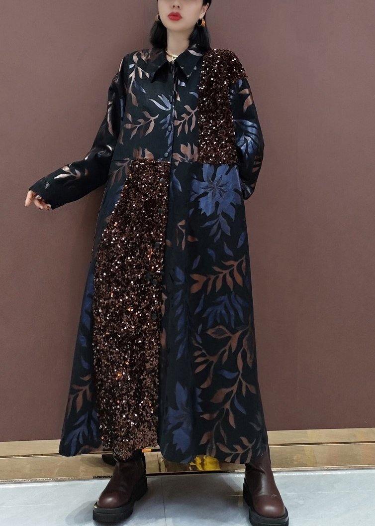 Natural Lapel Patchwork Spring Clothes Fashion Ideas Black Sequined Maxi Dress - SooLinen