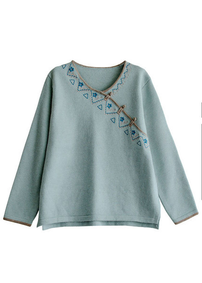 Natural Light Blue Embroideried Oriental Button Wool Knitted Tops Winter