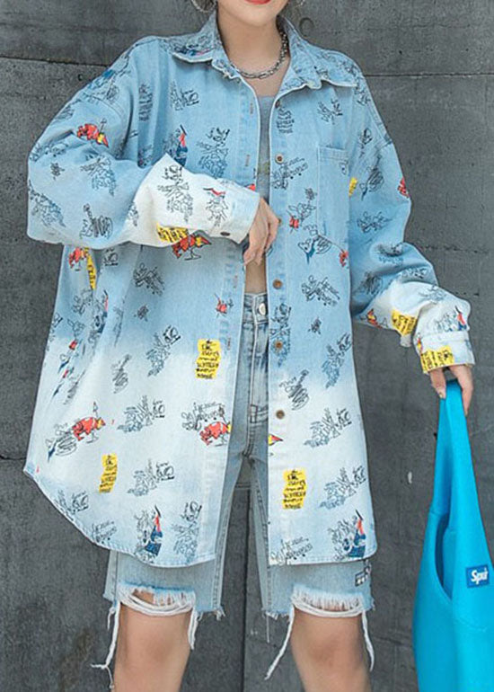 Natural Light Blue Peter Pan Colliers Poches Patchwork Denim Coat Spring