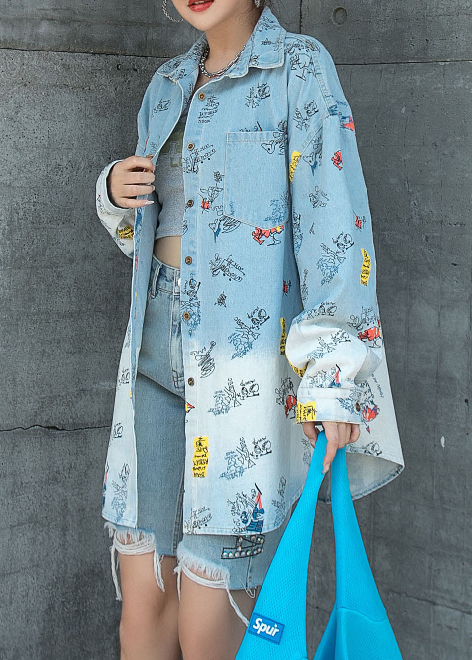 Natural Light Blue Peter Pan Colliers Poches Patchwork Denim Coat Spring