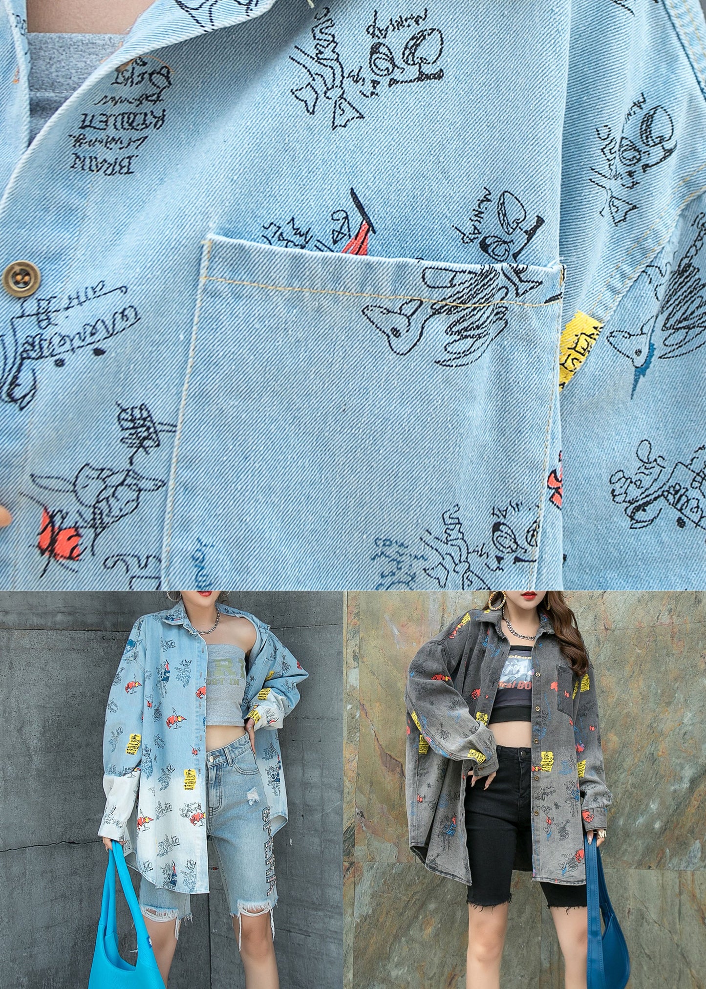 Natural Light Blue Peter Pan Colliers Poches Patchwork Denim Coat Spring