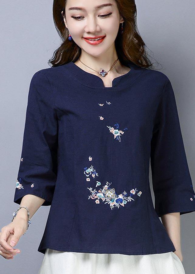 Natural Navy Embroideried Oriental Cotton Linen Shirts Summer - SooLinen