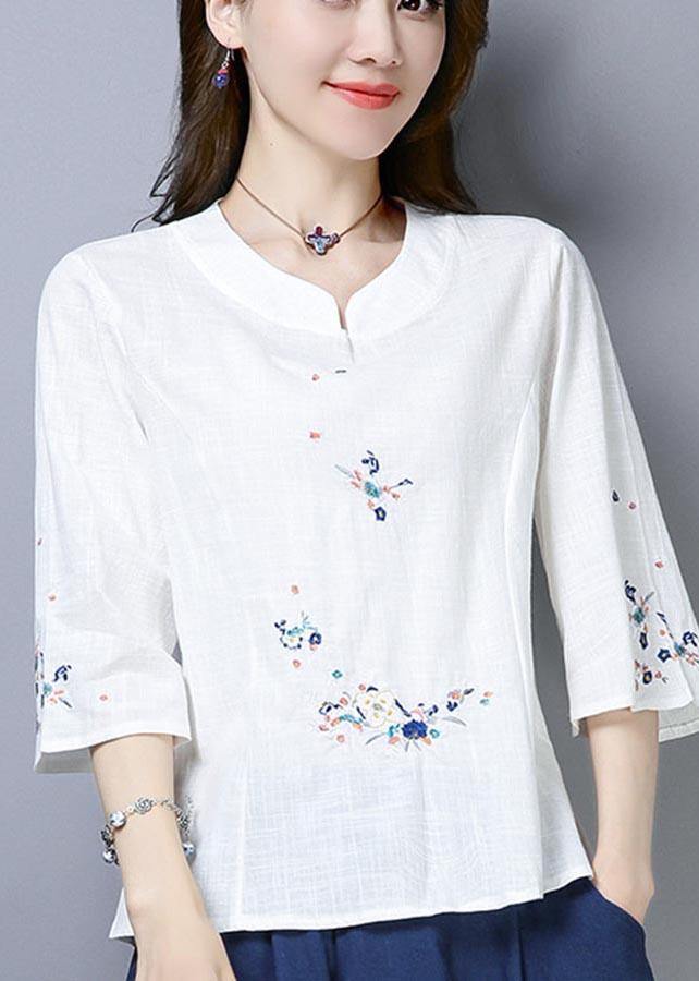 Natural Navy Embroideried Oriental Cotton Linen Shirts Summer - SooLinen