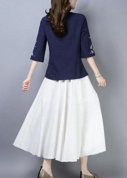 Natural Navy Embroideried Oriental Cotton Linen Shirts Summer - SooLinen