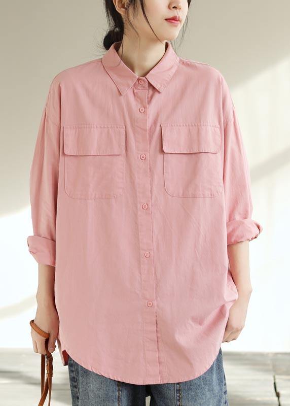 Natural Pink Crane Tops Lapel Pockets Vestidos De Lino Spring Shirts - SooLinen