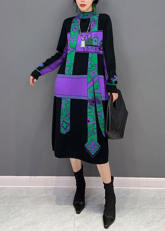 Natural Purple Hign Neck Print Patchwork Robes en tricot hiver