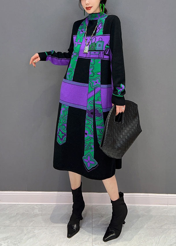 Natural Purple Hign Neck Print Patchwork Robes en tricot hiver