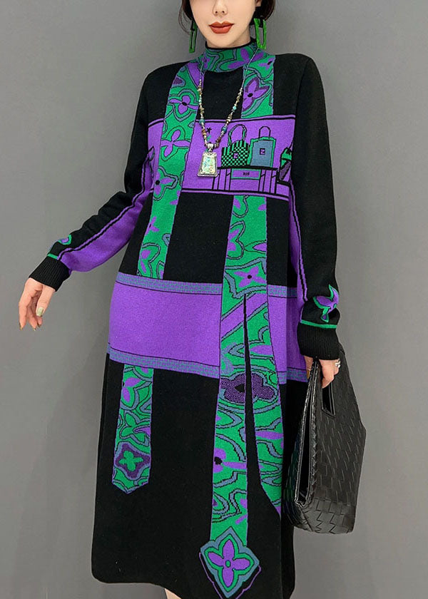 Natural Purple Hign Neck Print Patchwork Robes en tricot hiver