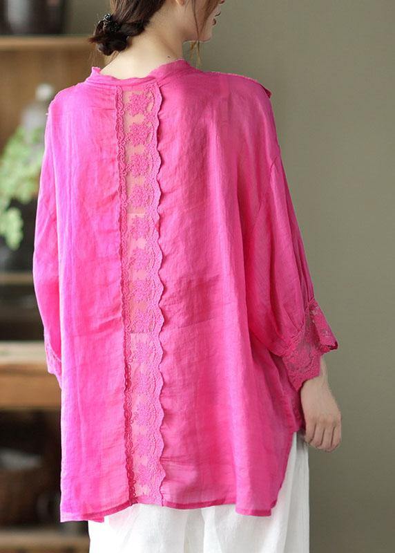 Natural Purple Hollow Out Patchwork Summer Ramie Shirt Top Long Sleeve - SooLinen