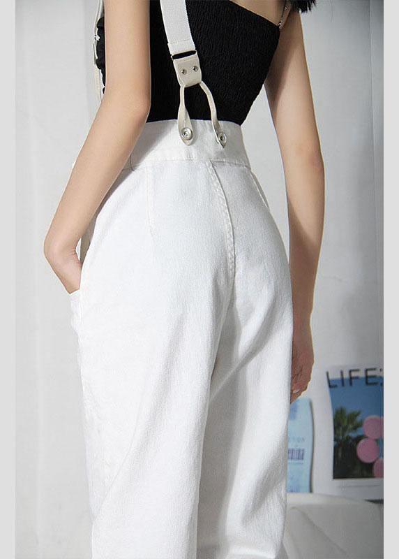 Natural White Denim High Waist asymmetrical Design Carpenter Pants - SooLinen