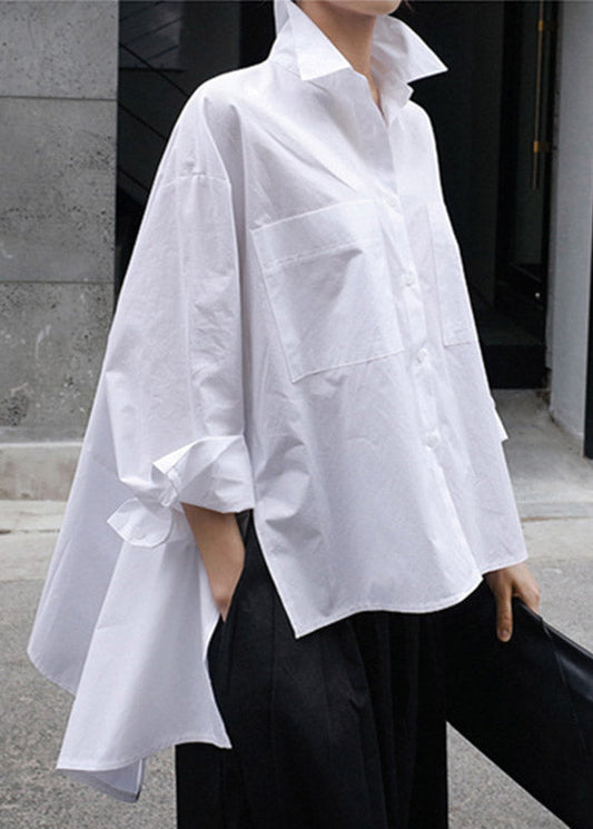 Natural White Peter Pan Collar Low High Design Button Pockets Cotton Shirts Long Sleeve