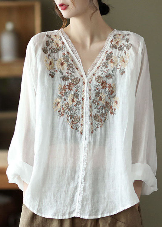 Natural White V Neck Linen Shirt Top Long Sleeve