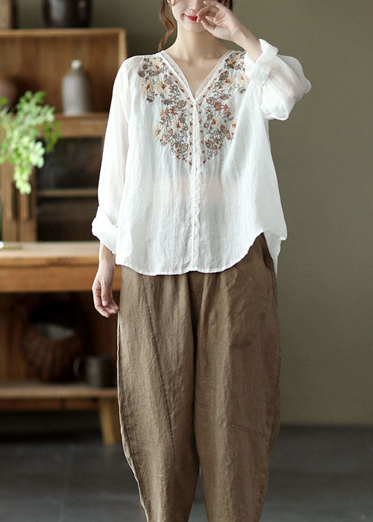 Natural White V Neck Linen Shirt Top Long Sleeve