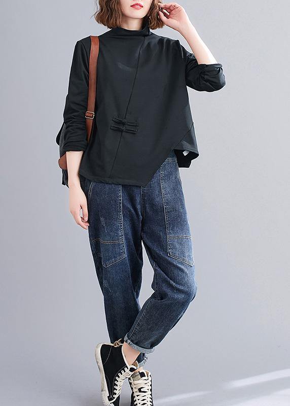 Natural black Blouse high neck Chinese Button Knee tops - SooLinen