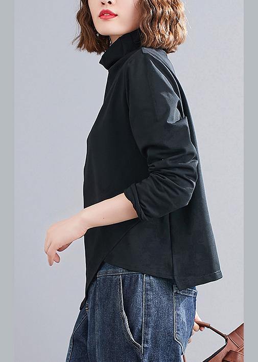 Natural black Blouse high neck Chinese Button Knee tops - SooLinen