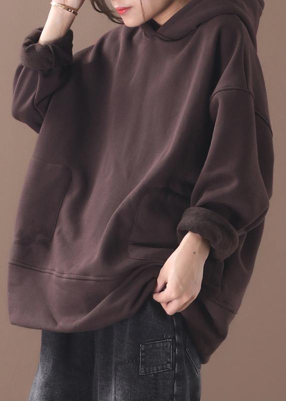 Natural brown cotton crane tops winter tunic hooded top - SooLinen