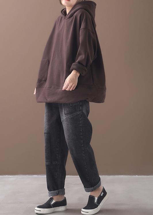 Natural brown cotton crane tops winter tunic hooded top - SooLinen