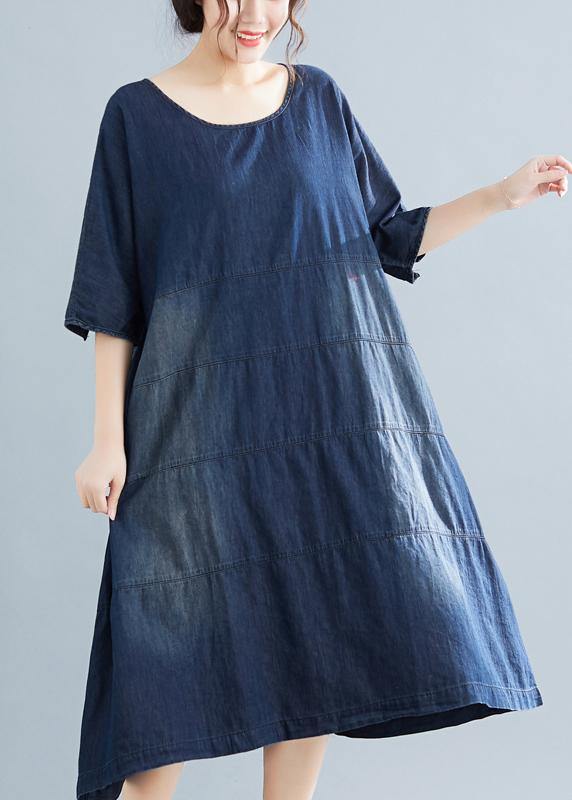 Natural denim blue Cotton outfit 18th Century Catwalk o neck Midi Summer Dresses - SooLinen