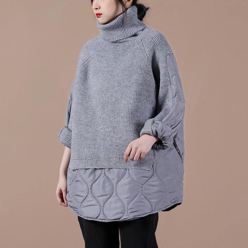 Natural high neck patchwork spring crane tops pattern gray tops - SooLinen