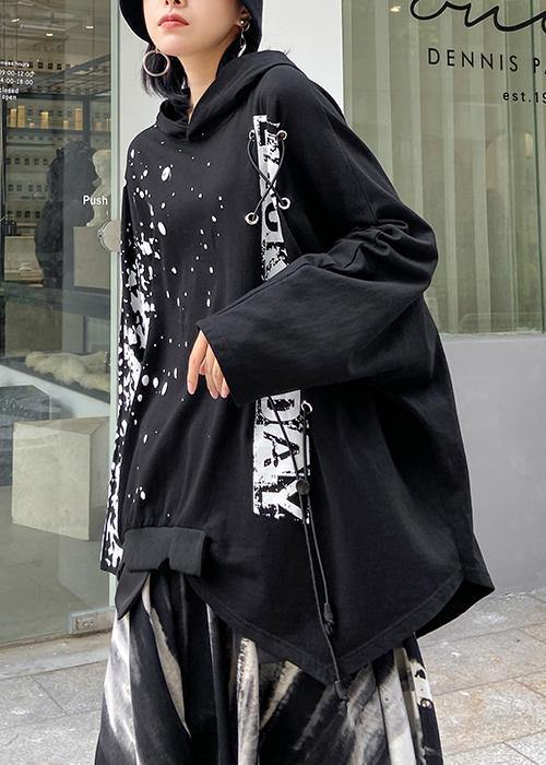 Natural hooded baggy tunic top Shirts black Letter shirt - SooLinen