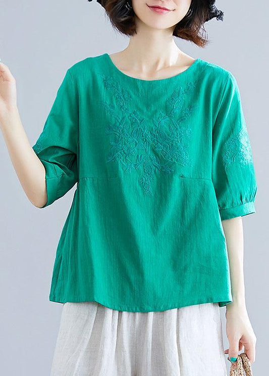 Natural o neck embroidery cotton clothes Outfits green blouses summer - SooLinen